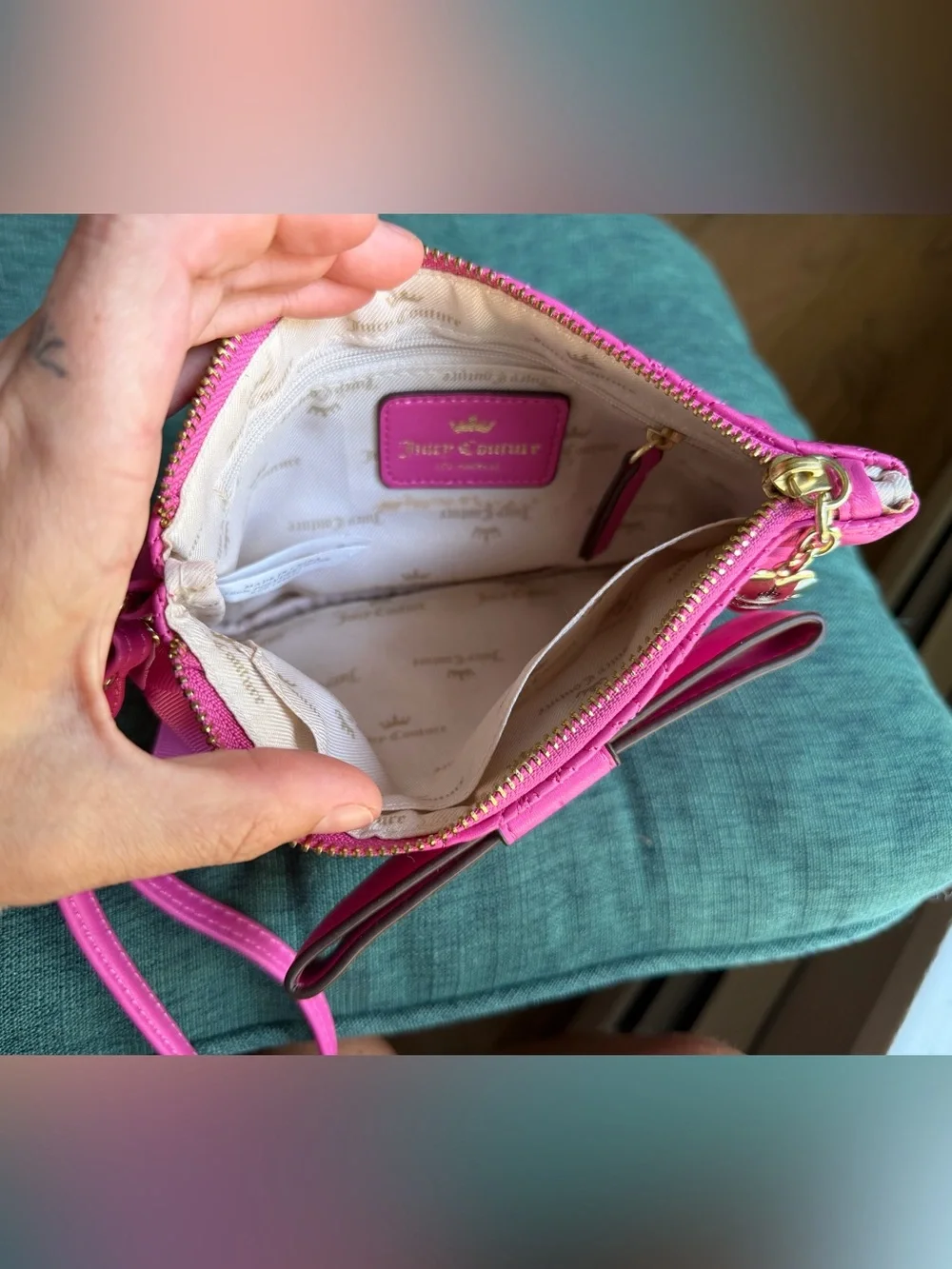Juicy Couture Pink Quilted Bow Wristlet with Gold Plaque
